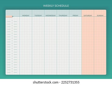 Weekly classes schedule or planner template in a minimalistic flat style and pastel colors. Week starts with Monday. Vector illustration.
