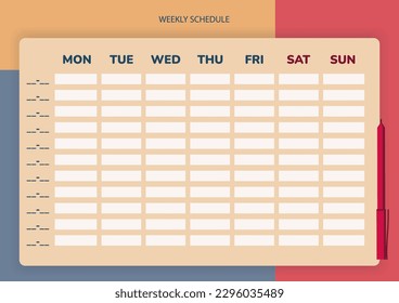 Weekly classes schedule or planner template in a modern simple minimalistic flat style, a4 format. Cute, warm and contrast design. Week starts on Monday.	