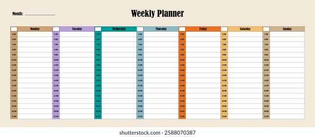 Weekly colorful planner, time management. Vector design.
