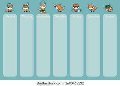 Weekly cute foxes calendar. Blue weekly planner template for boys. Kawaii organizer with cute foxes in different poses. Vector illustration