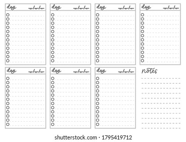 Weekly and daily checklist planner concept. To do list weekly template for business, social media, fitness and checking your progress. Vector illustration