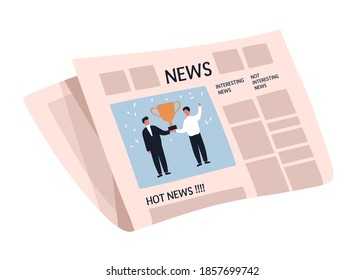 Weekly or daily newspaper with articles. News sheet with picture and text. Folded tabloid isolated on white background. Periodical press edition. Flat vector cartoon illustration