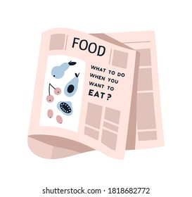 Weekly or daily newspaper sheet with picture and text vector flat illustration. Blank of healthy nutrition or snack isolated on white. Newsprint page with information about dietary or vegetarian food