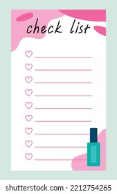 Weekly or daily planner. Beautiful pink check sheet or schedule with hearts and cosmetic products. Design element for printing on paper. Cartoon flat vector illustration isolated on gray background