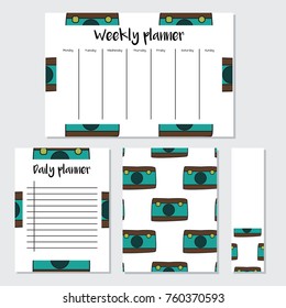 Weekly  and daily Planner with camera in cartoon style. Perfect for Print, Template, to do list. Vector isolated illustration
