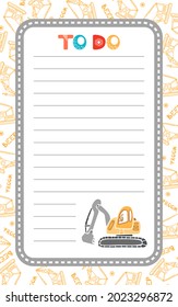 Weekly or daily planner for children. Scandinavian style. Cartoon vector illustration. Childrens construction machinery, tractor, crane. For note paper, to do list, stickers templates design