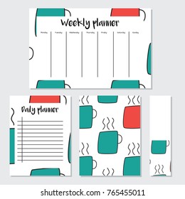 Weekly  and daily Planner with cup of tea in cartoon style. Perfect for Print, Template, to do list. Vector isolated illustration