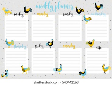 Weekly and Daily Planner with Decorative Roosters. Organizer and Schedule with Notes and To Do List. Vector. Isolated.