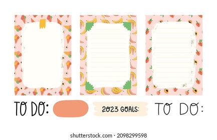 Weekly or daily planner, to do list, 2023 goals note paper, stickers templates with cute ice-cream cones, bananas and peaches on pink background and lettering. Trendy scheduler or organizer lists set.