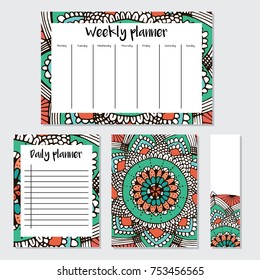 Weekly  and daily Planner in Indian  Style with mandala Pattern. Perfect for Print, Template, to do list. Vector isolated illustration