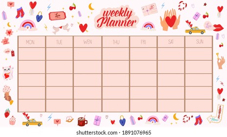 Weekly or daily planner, note paper, to do list templates with cute love cartoon illustrations. School scheduler and organizer. Editable vector illustration