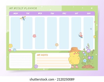 Weekly or daily planner, note paper, to do list template decorated by cute chick. flowers and bugs. School scheduler and organizer. Flat vector in green and purple colors.
