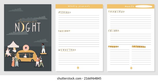 Weekly or daily planner, notes, to do list template design. Decorated by cute Summer illustrations scenes and trendy lettering. Cute trendy scheduler or organizer. Flat vector cartoon style