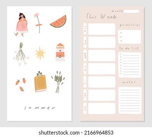 Weekly or daily planner, notes, to do list template design. Decorated by cute Summer illustrations scenes and trendy lettering. Cute trendy scheduler or organizer. Flat vector cartoon style