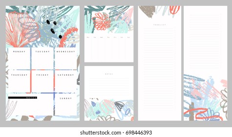 Weekly and daily planner. Notes and to do list set. Hand drawn brush strokes. Abstract tropical background in pastel colors. 