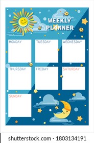 Semanalmente, planificador diario. Plantilla de espacio. Diseño para planificación infantil, organizador, portátil.
