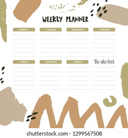 Weekly and Daily Planner template with abstract shapes in a calligraphic style. Hand drawn vector illustration. Grunge texture and lines, points, graphic elements. Schedule and organizer design.