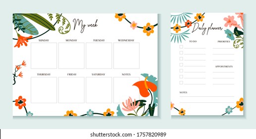 Weekly and daily planner template with flowers vector illustration. Notebook or sticker with to do list, days and empty squares. Journal for effective work, organization and time management