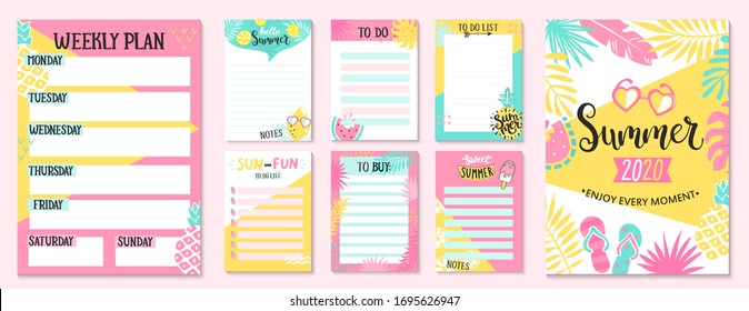 Weekly and Daily Planner Templates. Organizer and Schedule with Notes,To Do and to buy lists. Summer hand drawn blanks with tropical leaves,ice cream and fruits-pineapple,watermelon,lemon.Vector