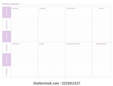 Planner diario semanal hora del día lindo plano en blanco. Para hacer la lista de tareas mañana marca nocturna tarde hoja de línea completa tamaño A4 tamaño universal púrpura organizador objetivo seguimiento página de oficina