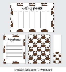 Weekly  and daily Planner with traces of animals in cartoon style. Perfect for Print, Template, to do list. Vector isolated illustration