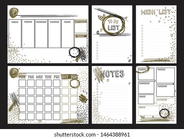 Weekly, daily planners A4 format and To do, Wish, Notes A5 blank templates for diary, bullet journals, notebooks. Vector template with golden brush strokes, scribbles on white background.