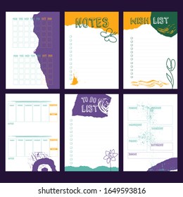 Weekly, daily planners, To do, Wish, Notes A5, A4 format blank templates for diary, bullet journals, notebooks. Vector template with yellow, purple, green torn paper on white isolated background.
