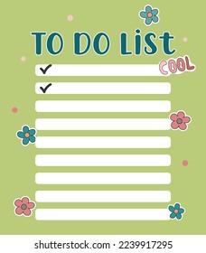 weekly or daily planners, note papers, to-do lists, sticker templates, decorated with cute retro 1970s illustrations and trendy

