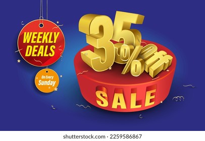 Weekly Deals 35% Off Sale design template for campaigns or marketing promos. 35% off 3D sale unit. 