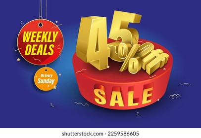 Weekly Deals 45% Off Sale in golden 3d text. 45% sale 3d unit for campaign.