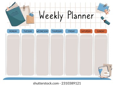 Un diario semanal para un estudiante. Lista semanal de deseos, lista de tareas pendientes en dibujo plano con un libro. Un conjunto de impresiones digitales.