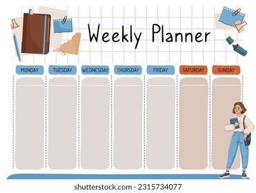 A weekly diary for a student. Weekly, wish list, to-do list in cartoon flat style with a book. A set of digital prints.