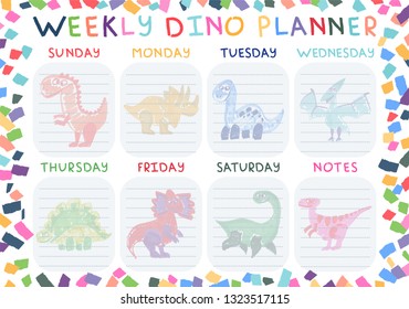 Weekly dino planner for all days of the week. Every day is a new kind of dinosaur. Bright and colorful design.