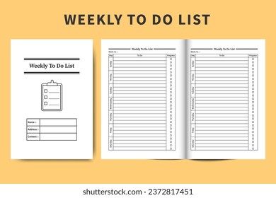 Weekly to do list notebook and task tracker vector. Task organizer and work planner list interior. Weekly worklist diary interior template design. To do list logbook and task planner journal.