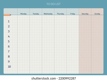 Weekly to do list or planner template in a minimalistic flat style.
