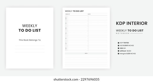 Weekly To Do List Printable KDP Interior Template. A belongs to page Us letter size on white background. To Do List page with the Kindle Direct Publishing