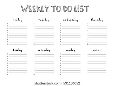 Weekly To Do List vector template. Blank Weekly planner with notes. Minimal organizer design.