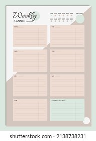 Weekly financial planner to track income and expenses. Personal vector template in A4 format, in pastel colors for printing