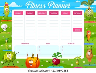 Weekly fitness planner schedule with cartoon vegetables, vector agenda calendar for gym. Fitness planner for workout, diet and sport exercises with goals, motivation and to-do list notes on timetable