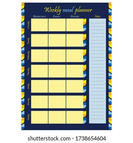 Weekly food planner template. Blank page with ornament on a blue background. Food diary, sheet of paper, place for notes. Stationery for menu planning and grocery. Realistic vector illustration.

