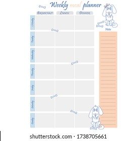 Weekly food planner template. Food diary, sheet of paper, place for notes. Stationery for menu and grocery planning with design and dogs. Vector illustration.