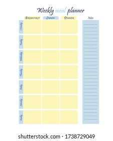 Weekly food planner template. Food diary, sheet of paper, place for notes. Stationery for menu planning and grocery. Vector illustration.