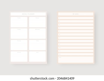 Weekly and goal planner template. Set of planner and to do list. Modern planner template set. Vector illustration.