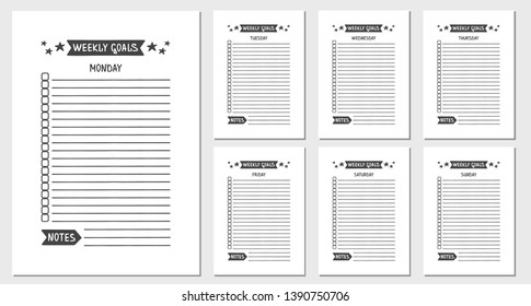 Weekly Goals. Vector Template for Agenda, Planner and Other Stationery. Printable Organizer for Study, School or Work. Objects Isolated on White Background.