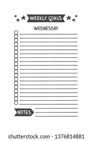 Weekly Goals. Wednesday. Vector Template for Agenda, Planner and Other Stationery. Printable Organizer for Study, School or Work. Objects Isolated on White Background.