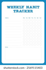 Weekly habit tracker template features sections for habits and notes with daily checkboxes, offering an organized layout to monitor routines and set personal goals efficiently.