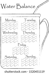 Weekly Habit tracker water balance control. Drink 8 glasses a day. Water waves in grunge sketch style. Printable blank for bullet journal, scrapbooking, notepad. DIY planner sheet decorated with mug