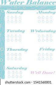 Weekly Habit tracker water balance control. Drink 8 glasses a day. Water drops in cute style. Printable blank for bullet journal, scrapbooking, notepad. DIY planner sheet decorated with cicles, lines