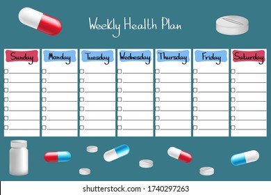 Weekly Health Planner. Schedule medications and pills every day