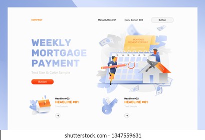 Weekly home mortgage payment vector banner header with multicultural couple around desk calendar, house-moneybox and mortgage agreement. Flat with gradients style.